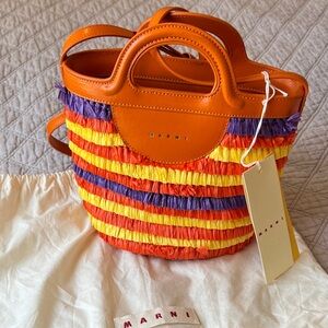 Marni Orange Striped Faux Raffia Tropicalia Bucket Bag
